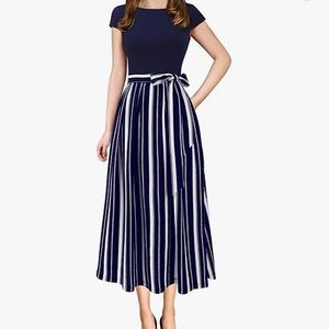 Vfshow Womens Elegant Patchwork Pockets Print Work Casual A-Line Midi Dress